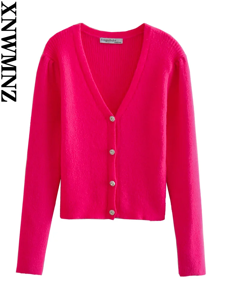 

XNWMNZ 2022 Women Fashion Jewelry Button Sweater Knit Coat Woman Vintage Long Sleeve V Neck Slim Female Chic Cardigan