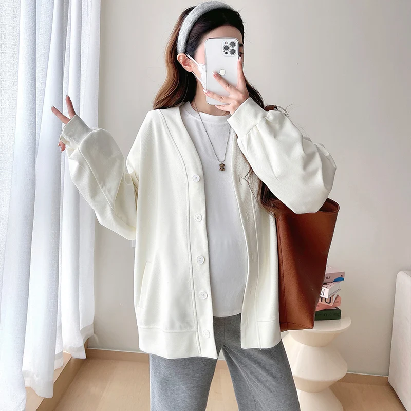 Autumn Pregnant Woman Sports Coats Long Sleeve Single-breasted Maternity Loose Casual Jackets Short Women's Outwear Cardigans