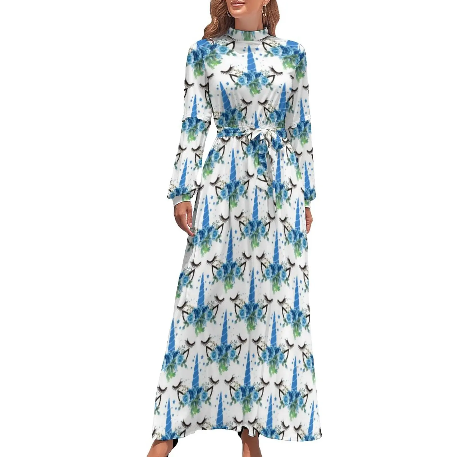 

Cute Unicorn Dress Blue Floral Headdress Streetwear Beach Dresses Ladies Long-Sleeve High Waist Cute Long Maxi Dress