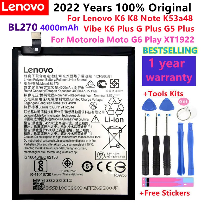 100% оригинальный для Lenovo K6 K8 Note K53a48 Vibe G G5 Plus 4000 мАч BL270 Аккумулятор Motorola Moto G6 Play xt3528 +