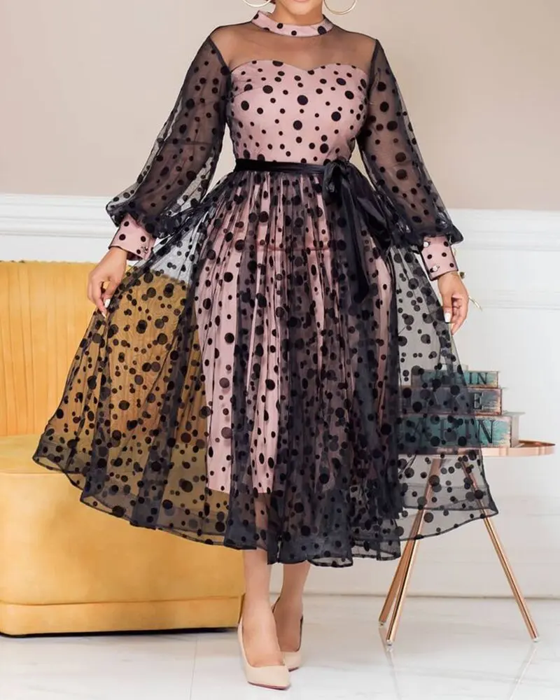 

Women Dress Long Dresses A Line Round Neck Full Lantern Sleeve Print Dot Elegant Splice Tight High Waist Slim Fit Vestidos 2024