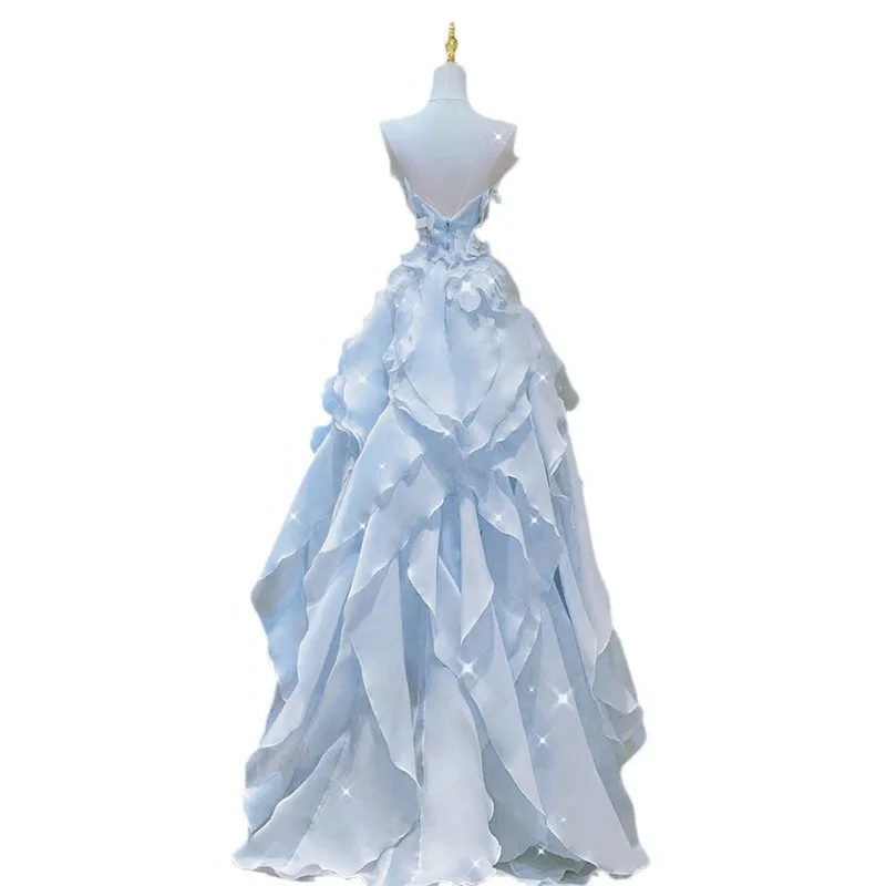 Elegant Blue Strapless Evening Dress Women New Fresh Sweet Ruffles Temperament Banquet Party Gown Prom Dresses
