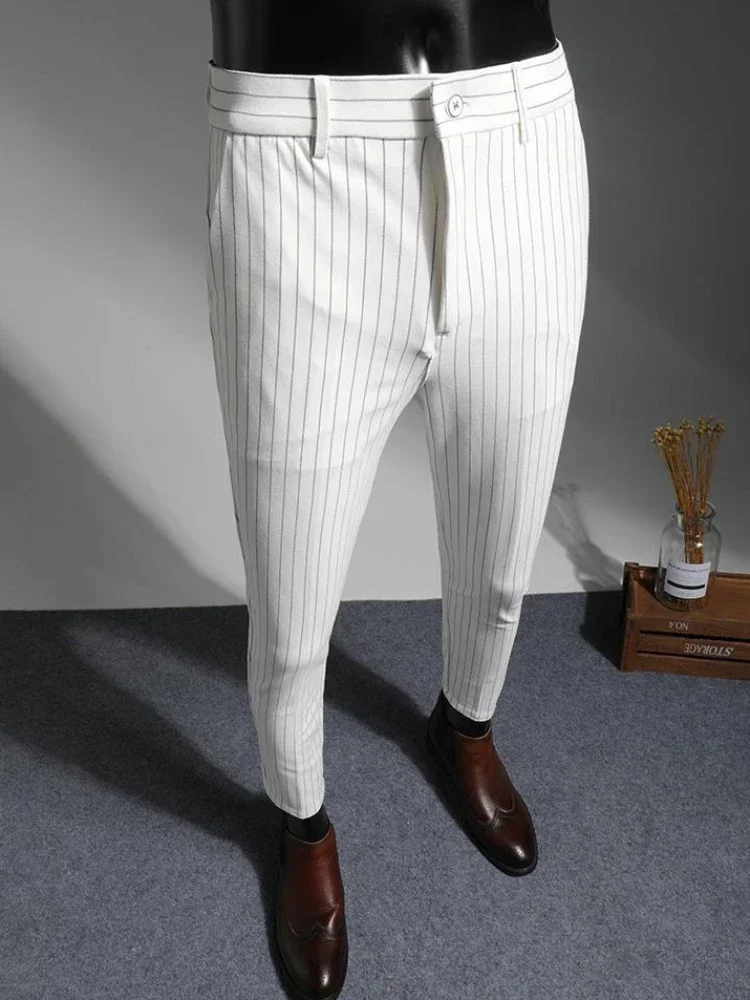 thumbnail image 1 of Pantalones de verano a rayas recortados para hombre, pantalón de traje masculino con drapeado fluido, nuevo y elegante, de alta calidad, estilo coreano, ropa elegante, 1 of 5