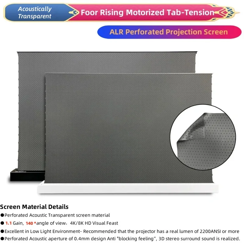 Schermo per proiettore sollevabile motorizzato 16:9 Tessuto acustico trasparente perforato anti-luce da 150'' per home theater 4K Ultra HD - immagine 5