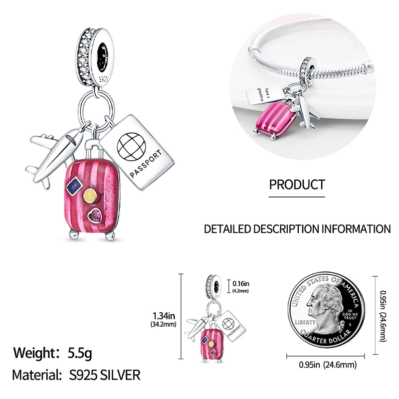 Fit 3mm Original Bracelet Women 925 Sterling Silver Airplane Luggage Passport Travel Three-Piece Charms DIY Fine Jewelry Gifts 5