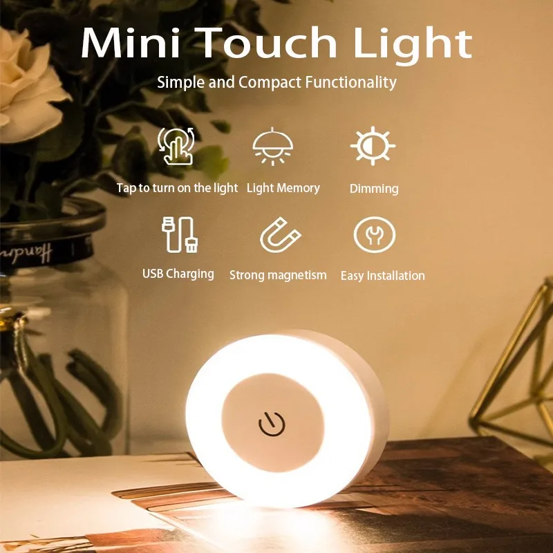 Lámpara LED de pared táctil, luz nocturna redonda portátil, recargable por USB.