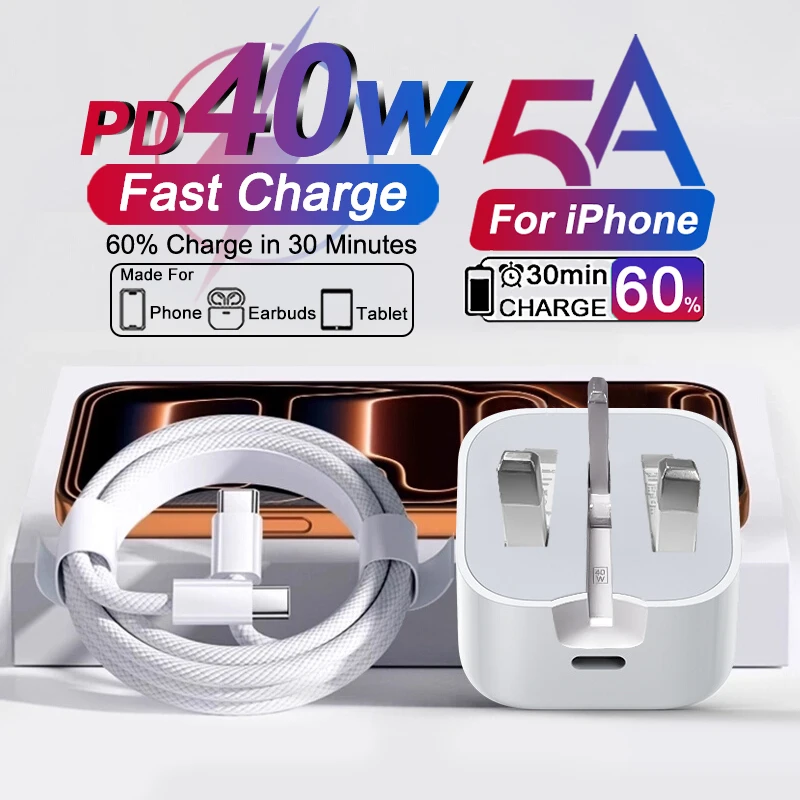 Carregador Rápido USB C Original da Apple PD 40W UK para iPhone Pro Max, Adaptador Tipo C com Cabo de Carregamento Rápido