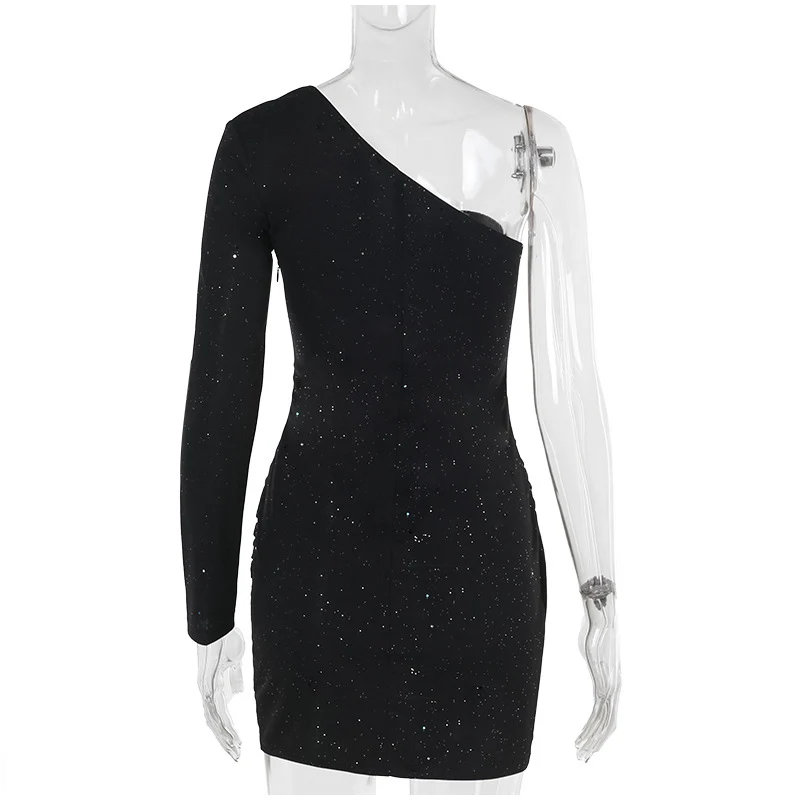 Frauen Solide Pailletten One-Shoulder Mini Kleid V-ausschnitt Taille Cinching Hüfte Paket Kleider 2025, Mode Dame Abend Party vestidos – Detail 3
