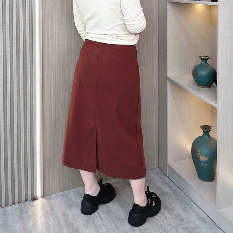 Woolen Skirt Female Fall New Plus Size High Waist A-Line Slit Wrap Hip Long Skirt 9281