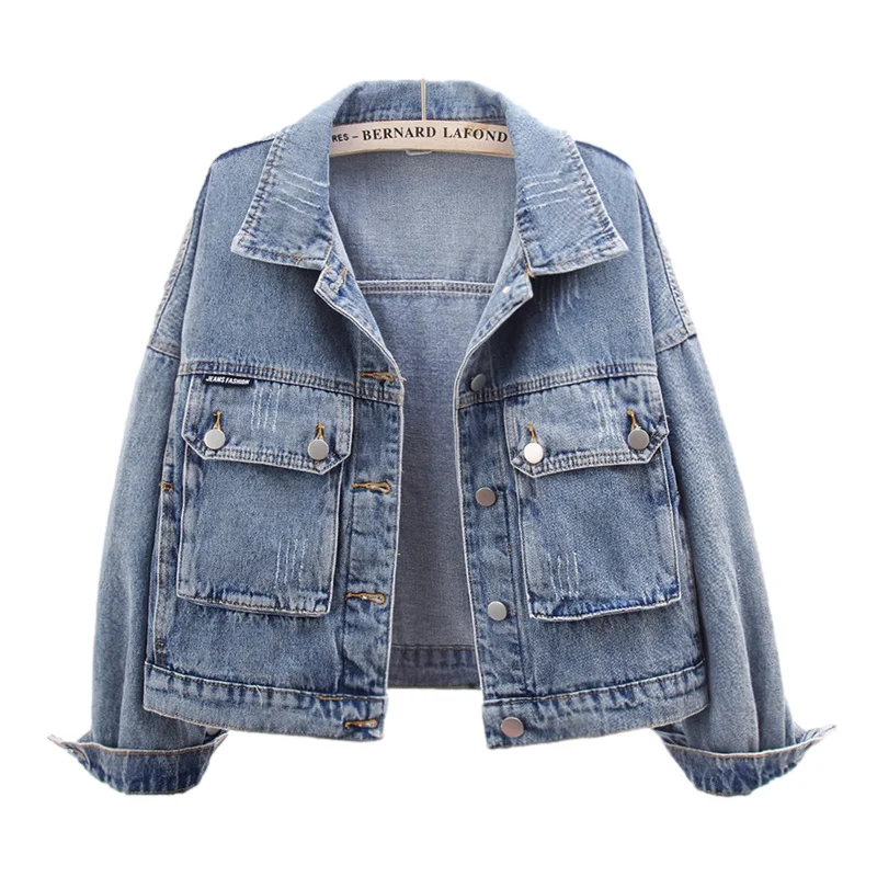 

Куртка женская джинсовая в ковбойском стиле, винтажная Короткая свободная верхняя одежда из денима с потертостями, с большими карманами, весна-осень