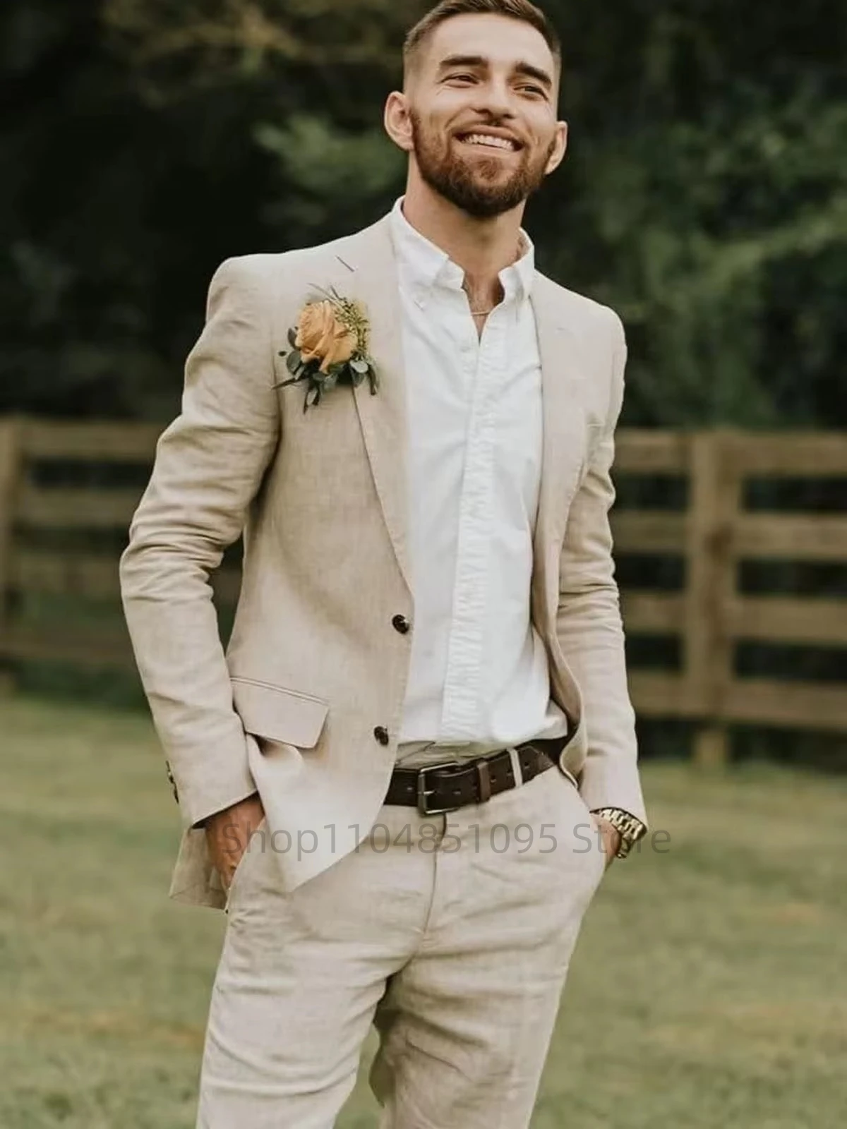 Beige/Blue Linen Wedding Tuxedos for Party Prom Slim Fit Casual Men Suit Notched Lapel Jacket with Pants 2 Pieces Set for Summer