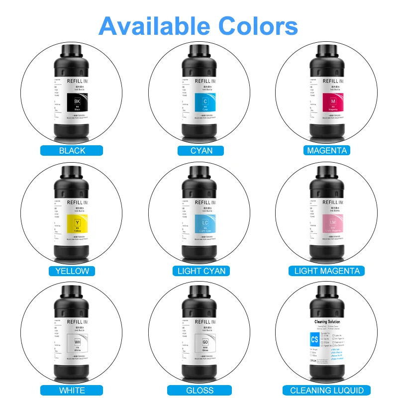 500ML LED UV Ink For Epson 1390 L800 L1800 L805 R1800 R1900 DX4 DX5 DX6 DX7 DX10 TX800 XP600 Printhead