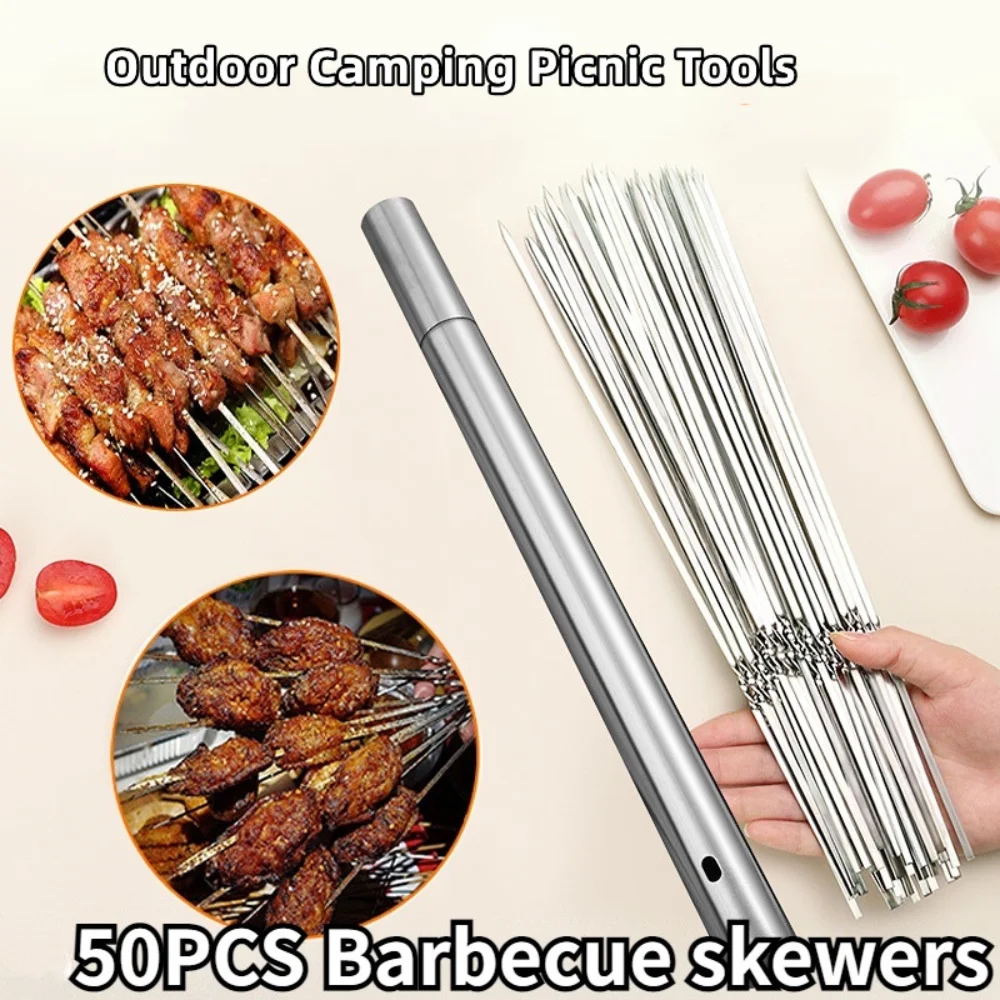 Stainless Steel Barbecue Skewer with Storage Tube Reusable Flat Grill Sticks Kitchen Outdoor Camping Gadgets BBQ Accessories barbecue skewers barbecue tools