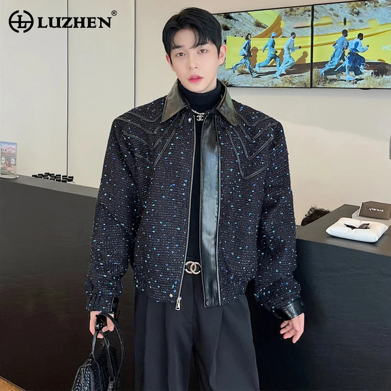 

LUZHEN Korean Sequin Fashion Jacket Trendy Men's Personality Leather Spliced Niche Design Ruffled Handsome Male Outerwear Fdfcec