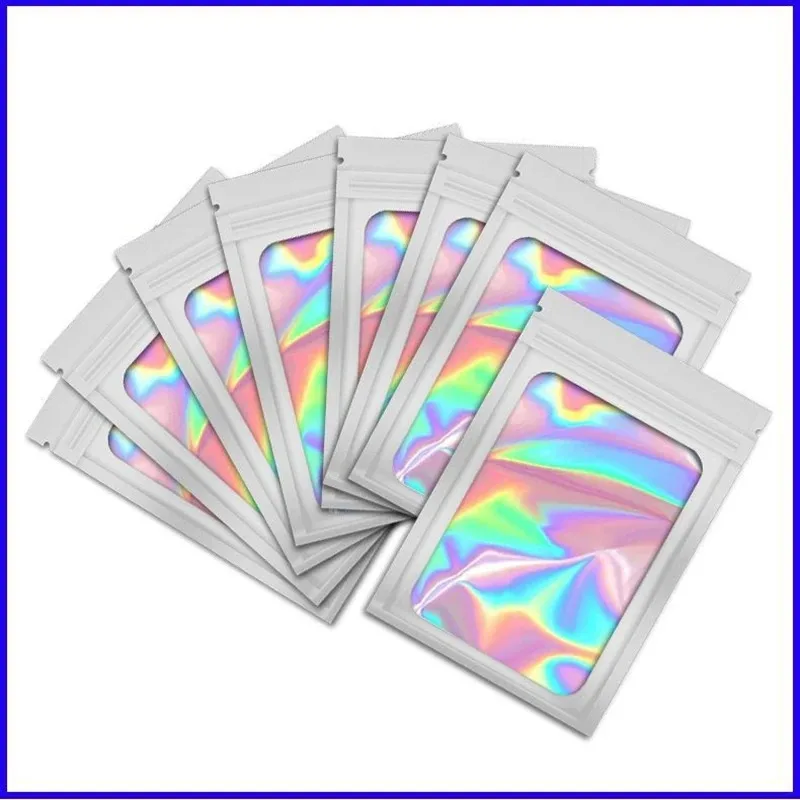 Thick Smell Proof Mylar Bags Holographic Laser Color Plastic Packaging Pouch Jewelry Retail Storage Pouch Gift Zip Lock Bag 50pcs mylar bags