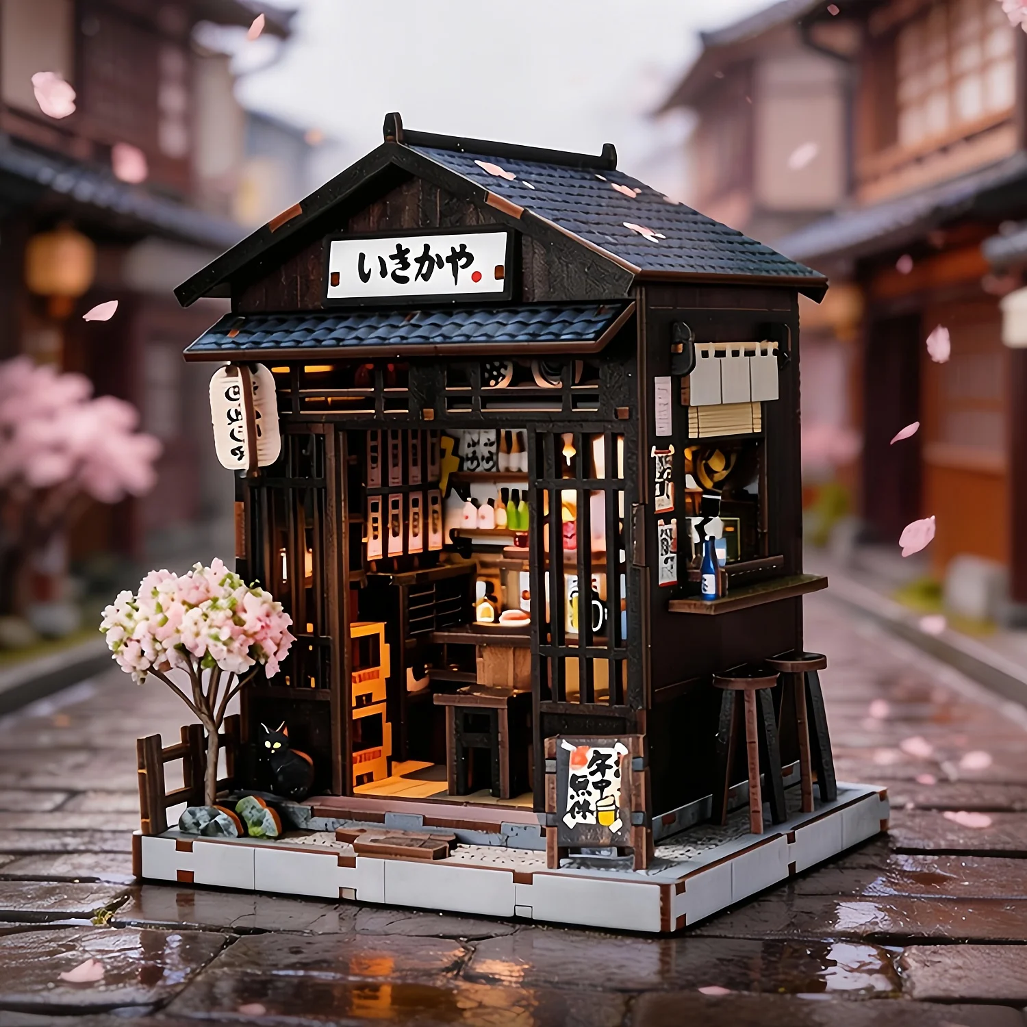 일본 사쿠라 이자카야 DIY 미니어처 하우스 키트, LED 조명이 포함된 3D 목재 조립 마이크로 모델, 데스크탑 홈 장식 휴일 선물