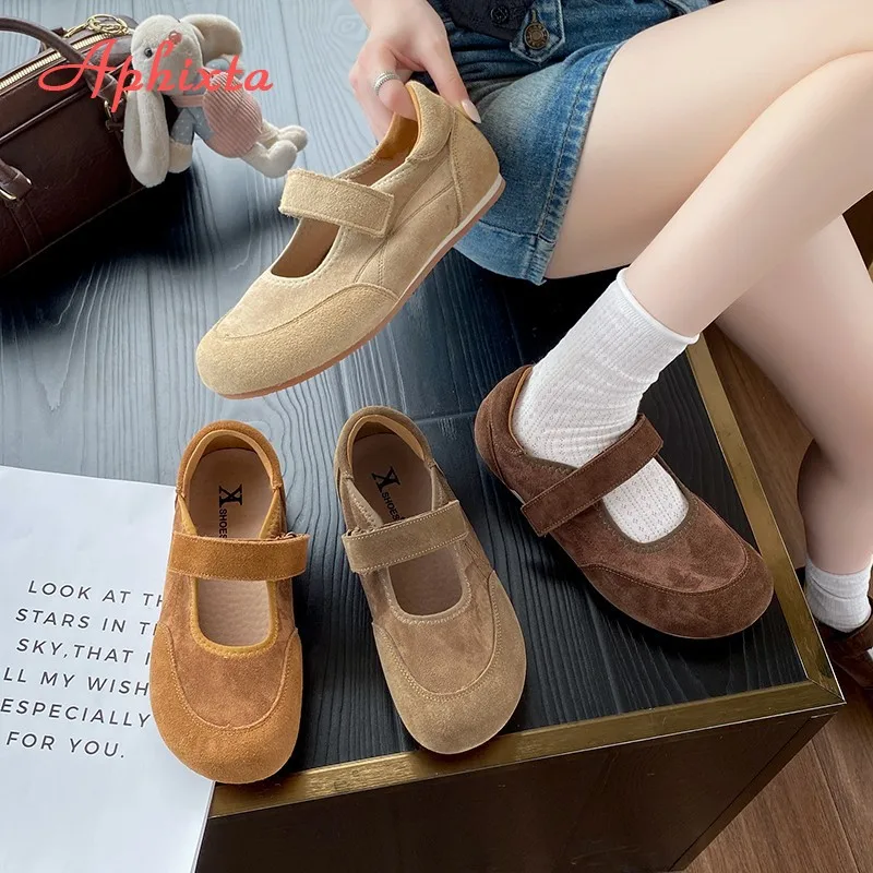 Aphixta New Flat with Mary Janes High Quality Cow Suede Flats Hook Loop Flat Shoes Women Shallow Concise Round Toe Ladies Shoes