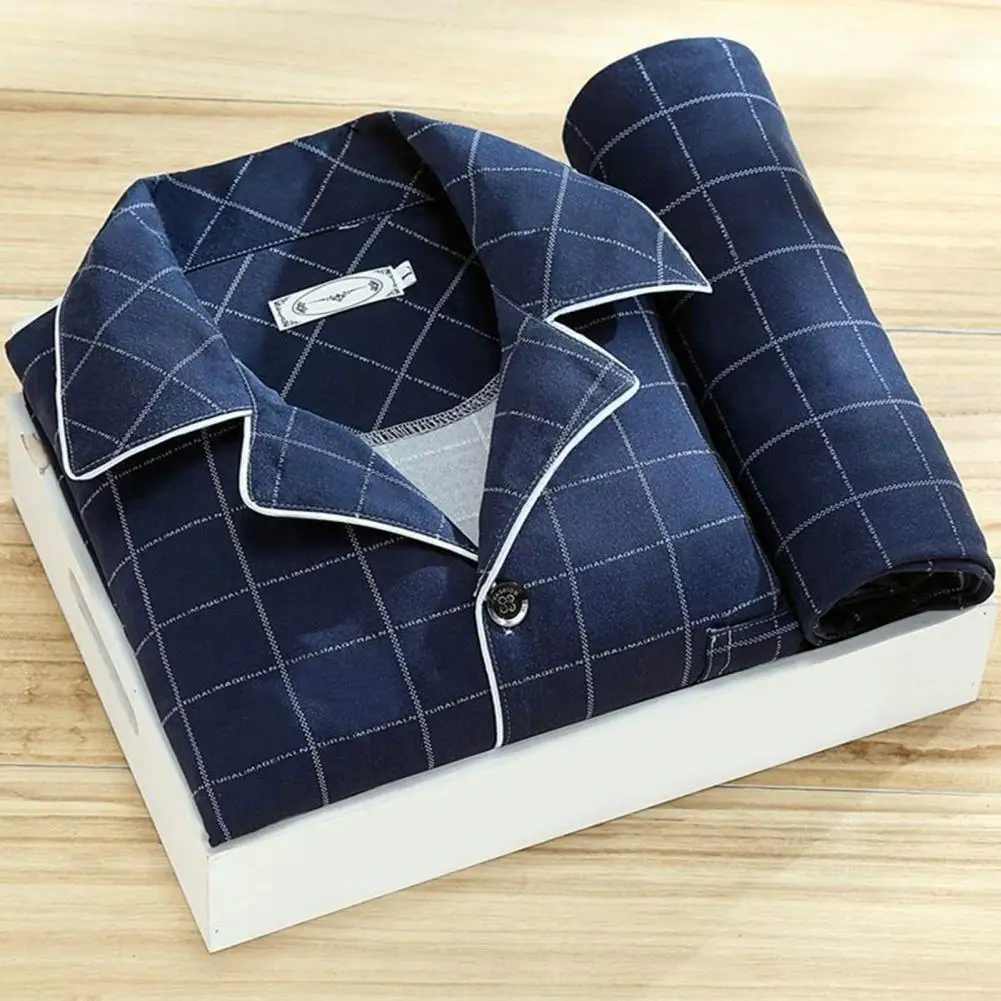 Men Fall Winter Pajamas Set Striped Plaid Print Color Matching Lapel Sleepwear Long Sleeve Pants Men Casual Homewear Suit ﻿