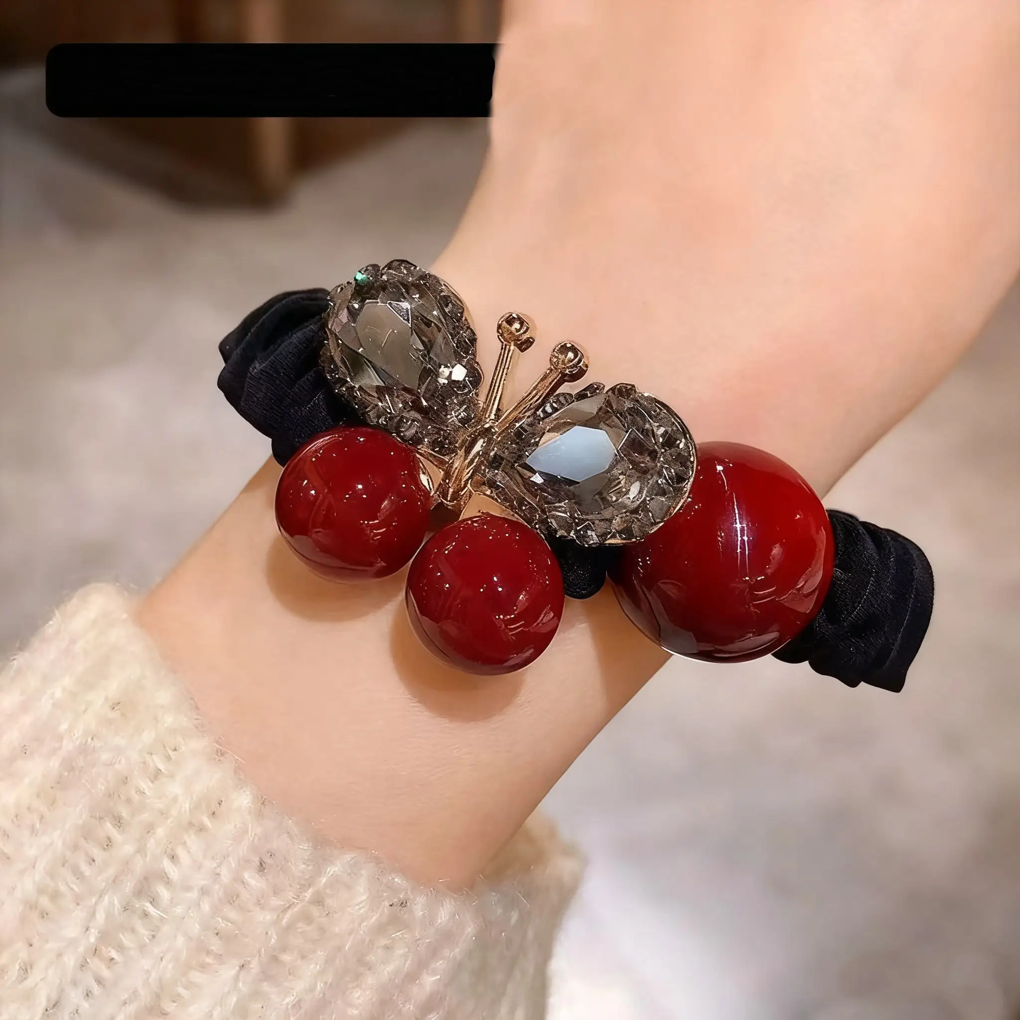 1PC Enkela Red Butterfly Pearl Hair Scrunchie,  Inspired Hair Tie For Women, Durable Elastic Hair Band For Ponytail Bun