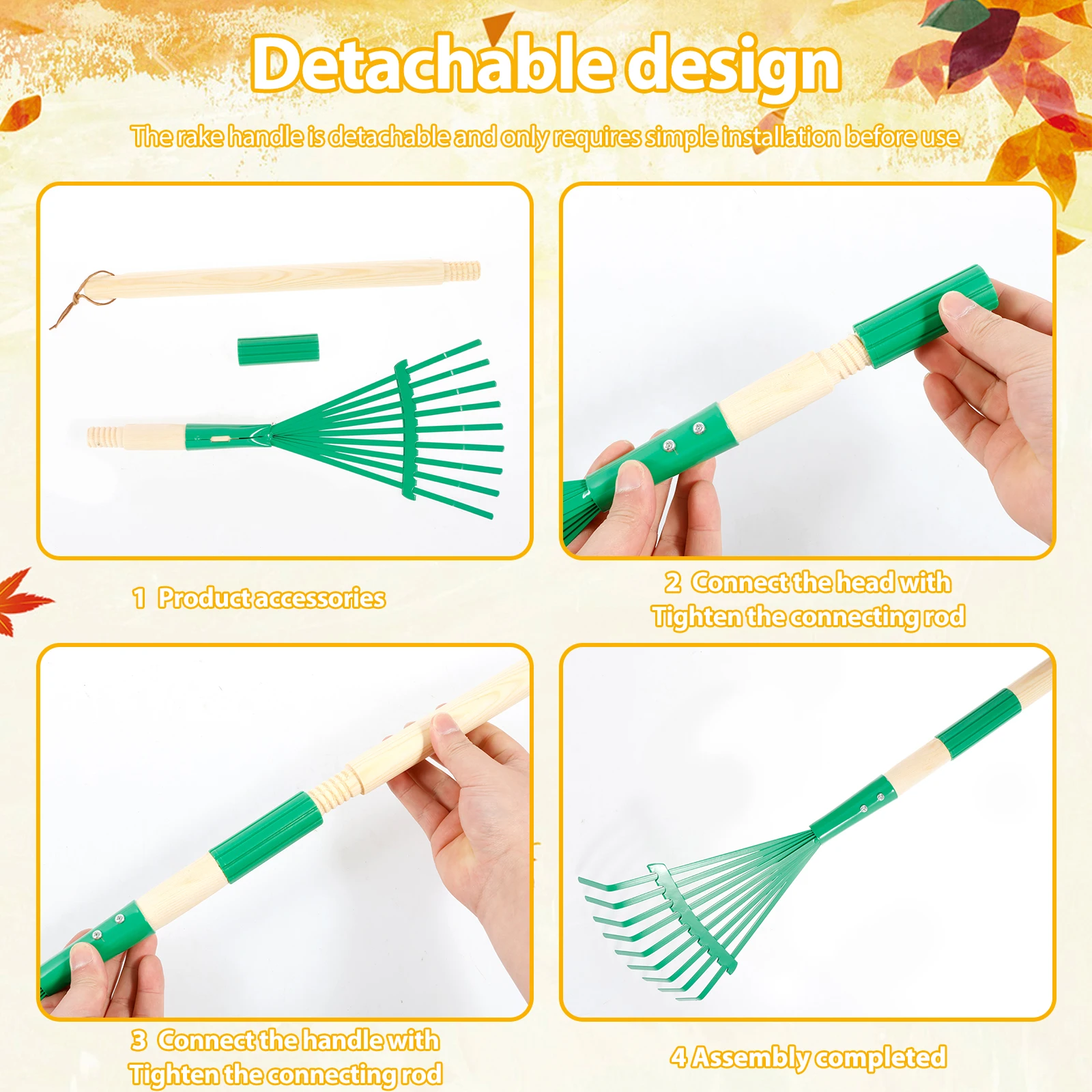 2Pcs Kids Rakes Detachable Wood Handle Leaf Rake Portable Kids Lawn Rake Multipurpose Gardening Small for Gardening