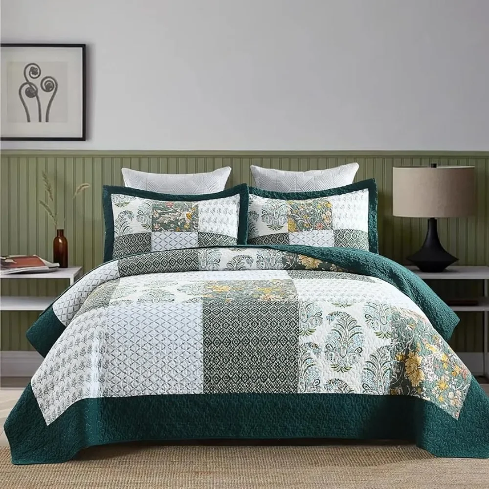 

Quilts King Size Green Floral Quilt Set Quilted Bedspread 3-Piece Quilt Set with Pillowcases for All Seasons,King 108*96 Inches