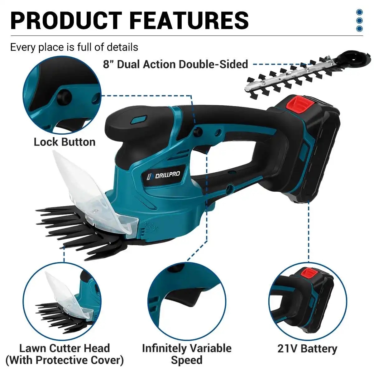 Drillpro 2 IN 1 Brushless Electric Hedge Trimmer 2500 SPM Lawn Mower Garden Bush Grass Scissors Power Tool For Makita Battery 2