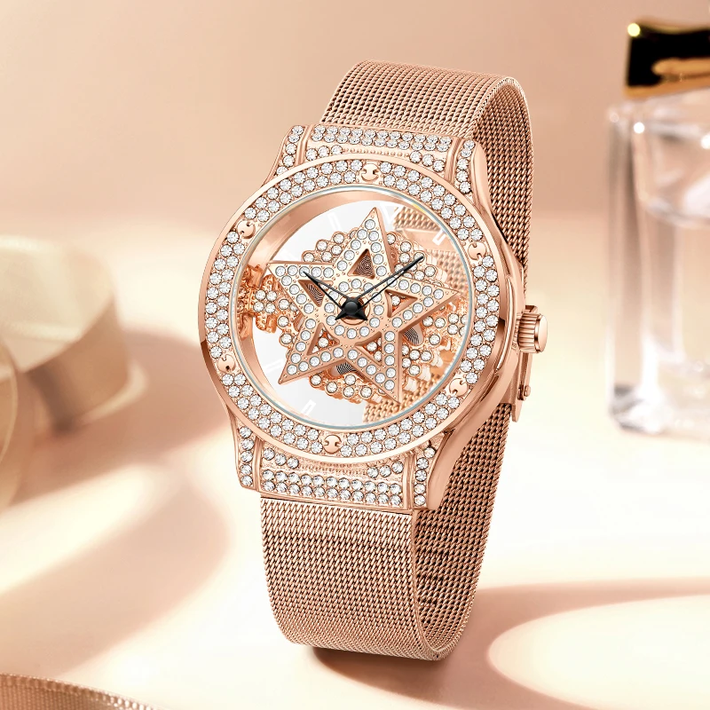 LIGE Fashion Women Watch Luxury Hollow Diamond Watch for Ladies Elegant Bracelet Wristwatch Stars-Face Quartz Waterproof Watches