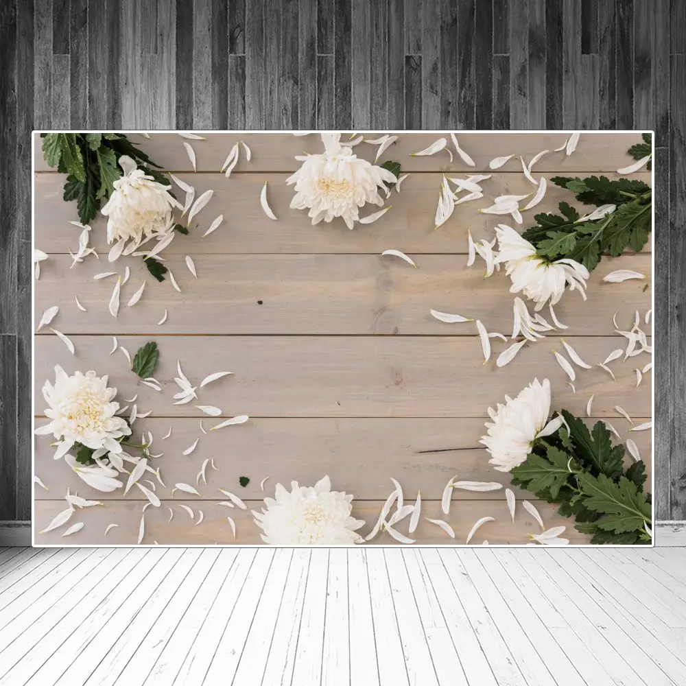 

Фон для фотосъемки с изображением весенних белых цветов и деревянных досок