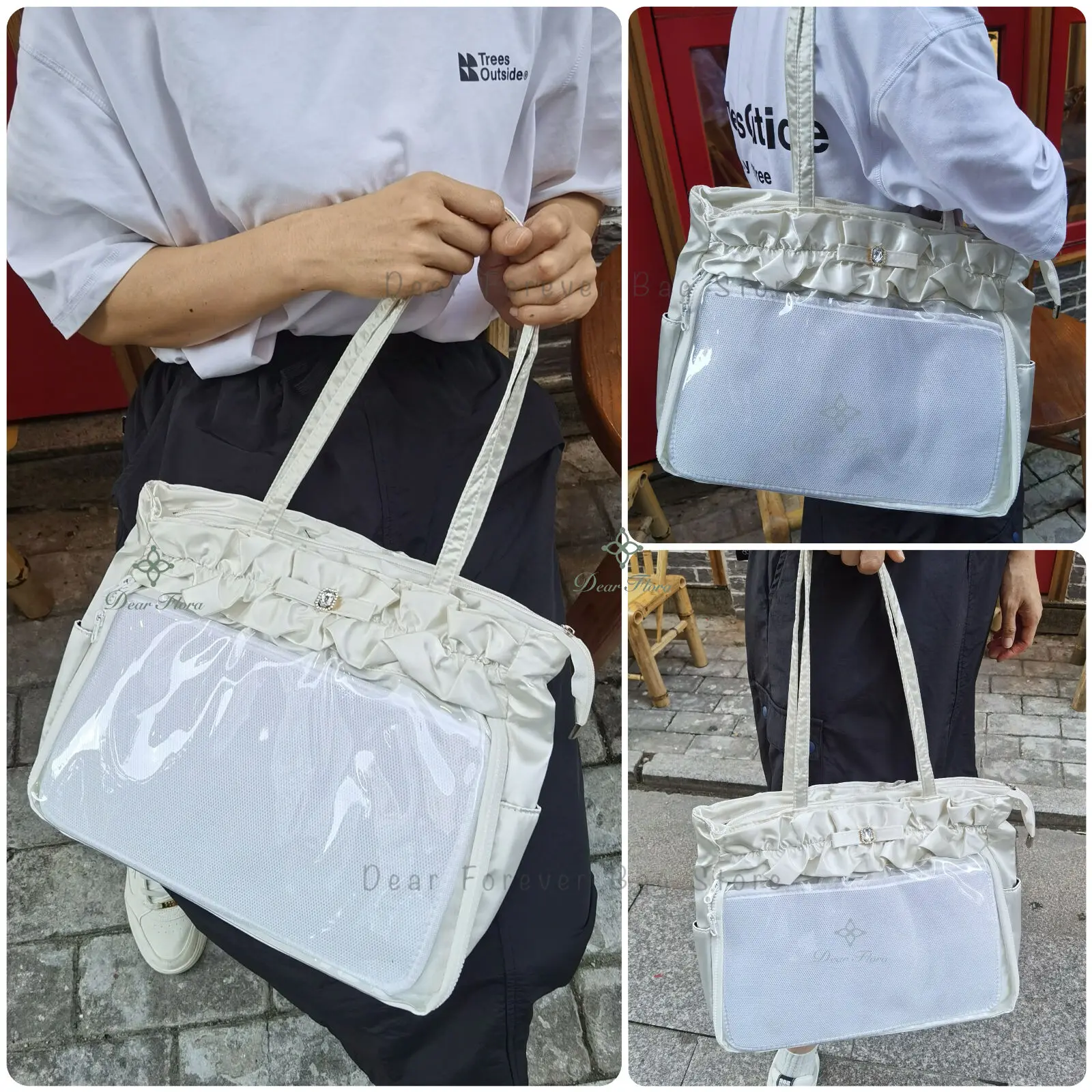 Y2K Sweet Ruched Lace Ita Bag Cute Large Capacity Women