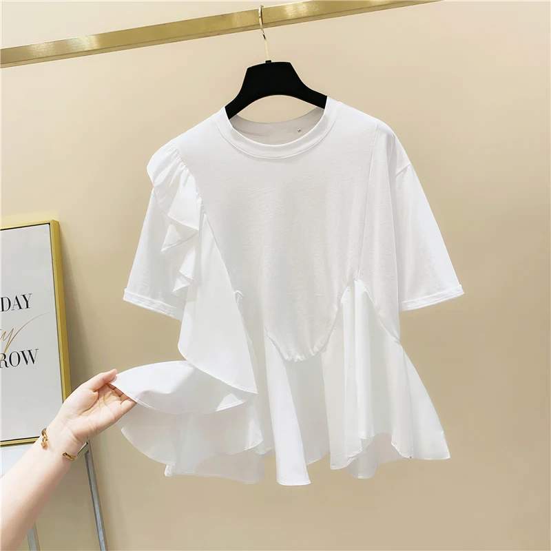 Ruffle stitching loose cotton short-sleeved t-shirt women's 2022 summer new design round neck short-sleeved T-shirt A959