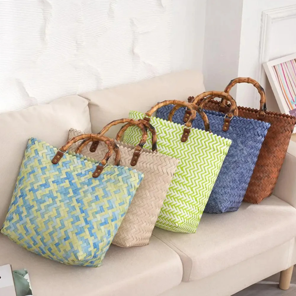 여성용 레트로 프렌치 빨대 우븐 핸드백, 다목적 대용량 방수 가방, 보헤미아 휴가 비치 토트백 