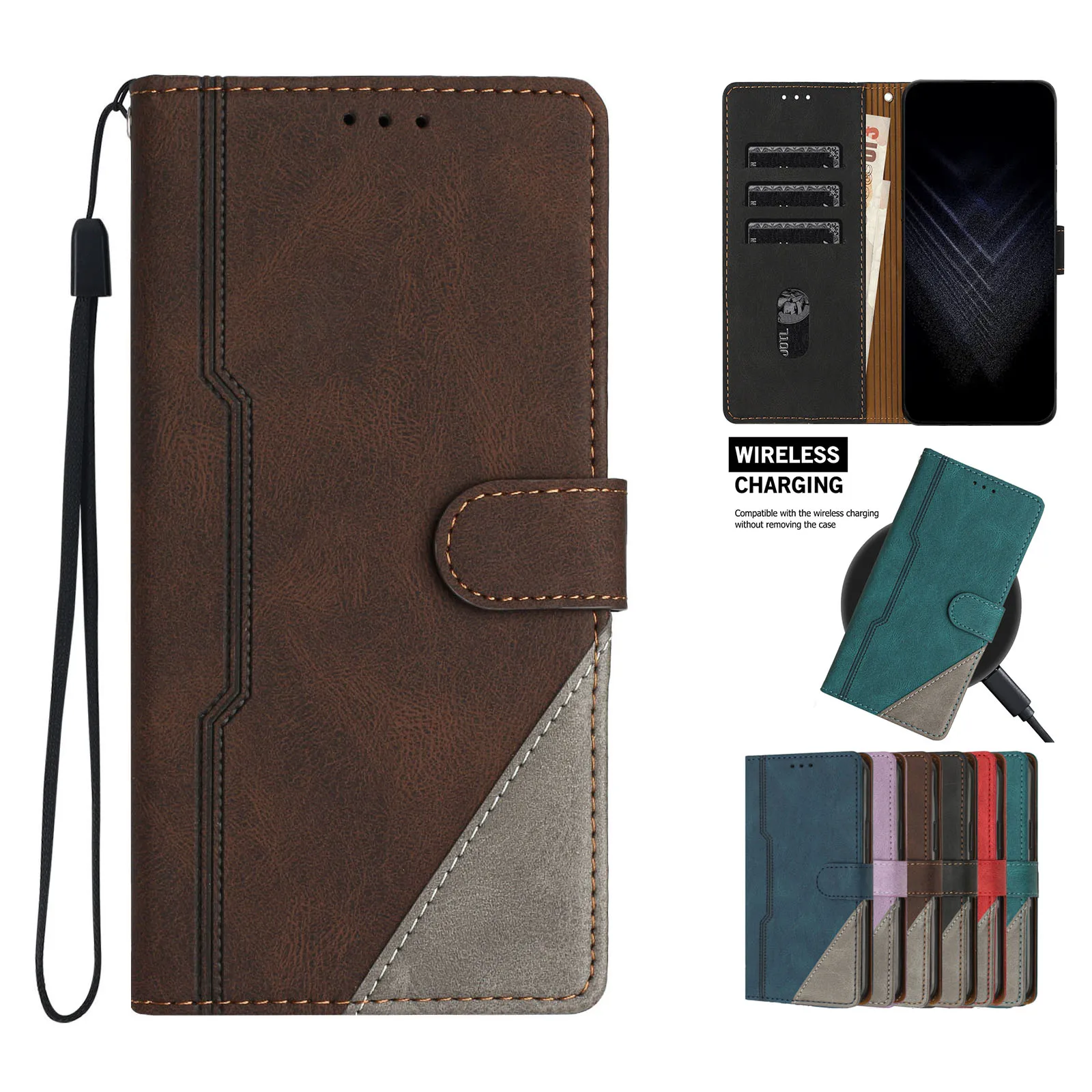 Dual-Tone Leather Flip Wallet Case with Wireless Charging and Card Slots