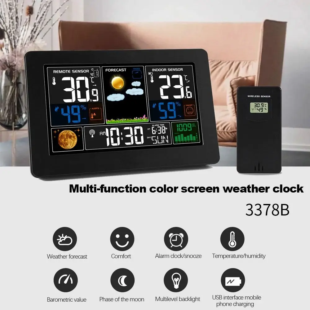 

Indoor Backlight Atomic Clock Wireless Weather Station Thermometer Humidity Monitor Weather Forecast