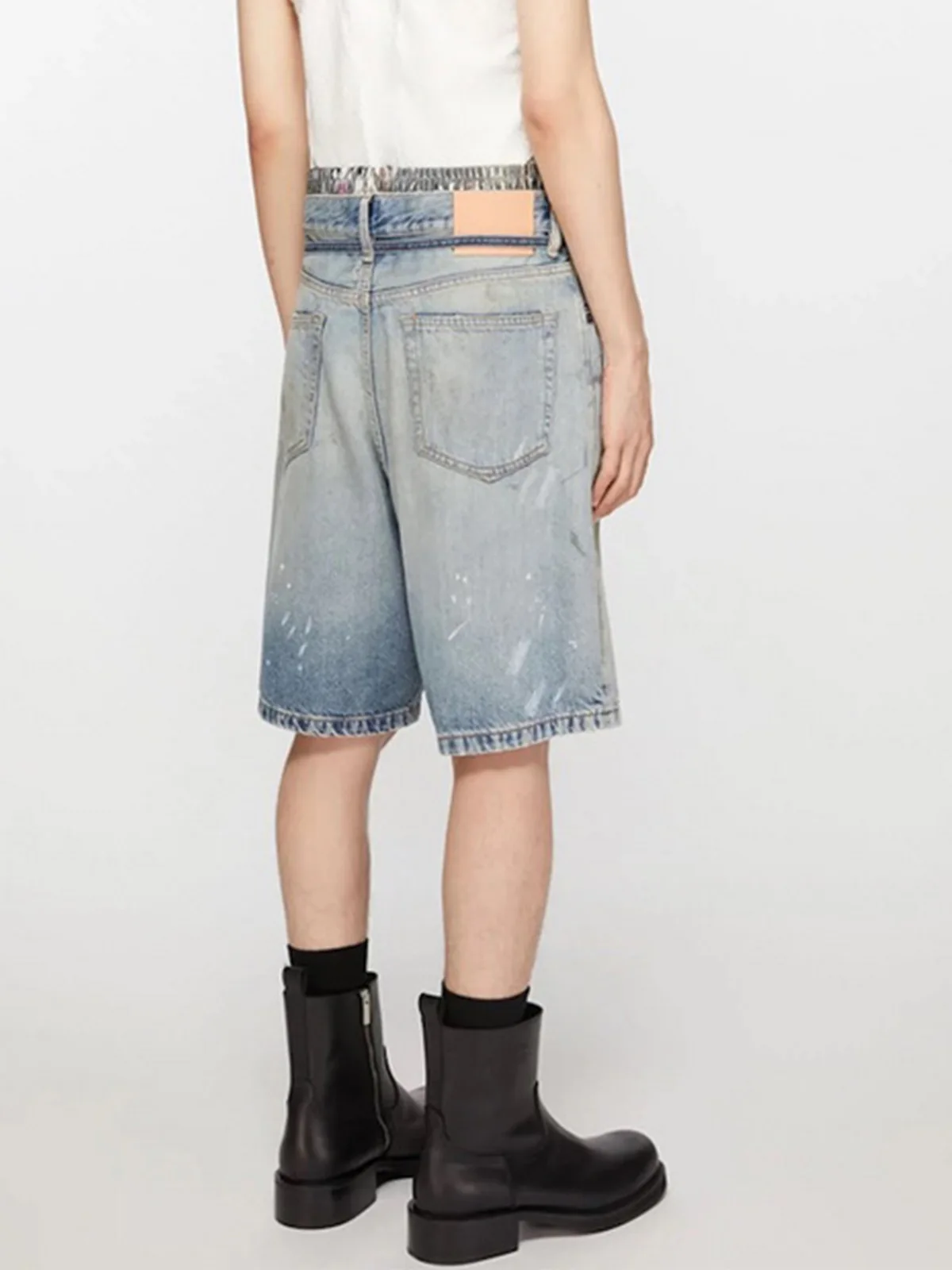 MIJKO Blue Shorts Ink Splashed Hand-painted Denim Shorts Men Washed Baggy Knee Length Jeans Pants