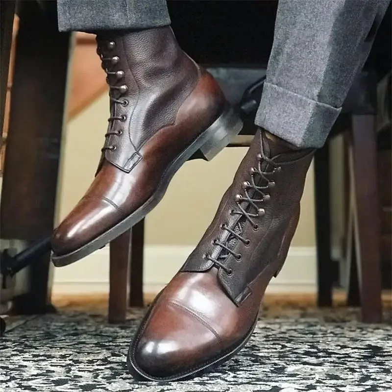 Men Short Boots Brown PU Round Head Low Heel Wing Tip Lace Up Fashion Versatile Casual Street Outdoor Daily Dress Shoes leather boots mens leather boots