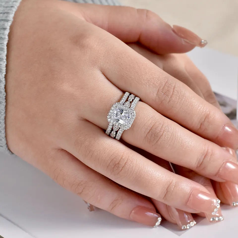 Silver Moissanite Zircon Wedding Ring Set for Women