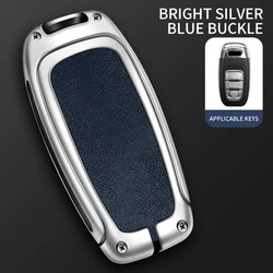 Premium Leather Car Key Case Cover with Metal Accents (Silver - Blue)
