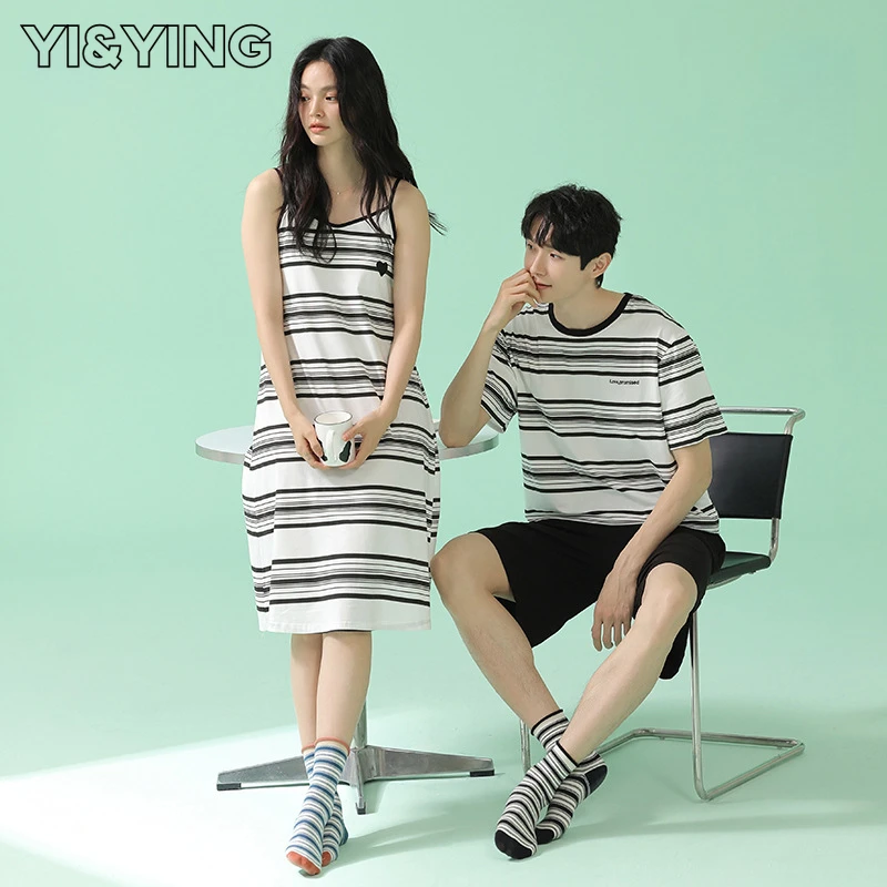 

[YI&YING] New Spring/Summer Couple Pajamas Mid length Sling Sleeping Dress Cool Short Sleeve Pure Cotton Home Furnishing WAZC067