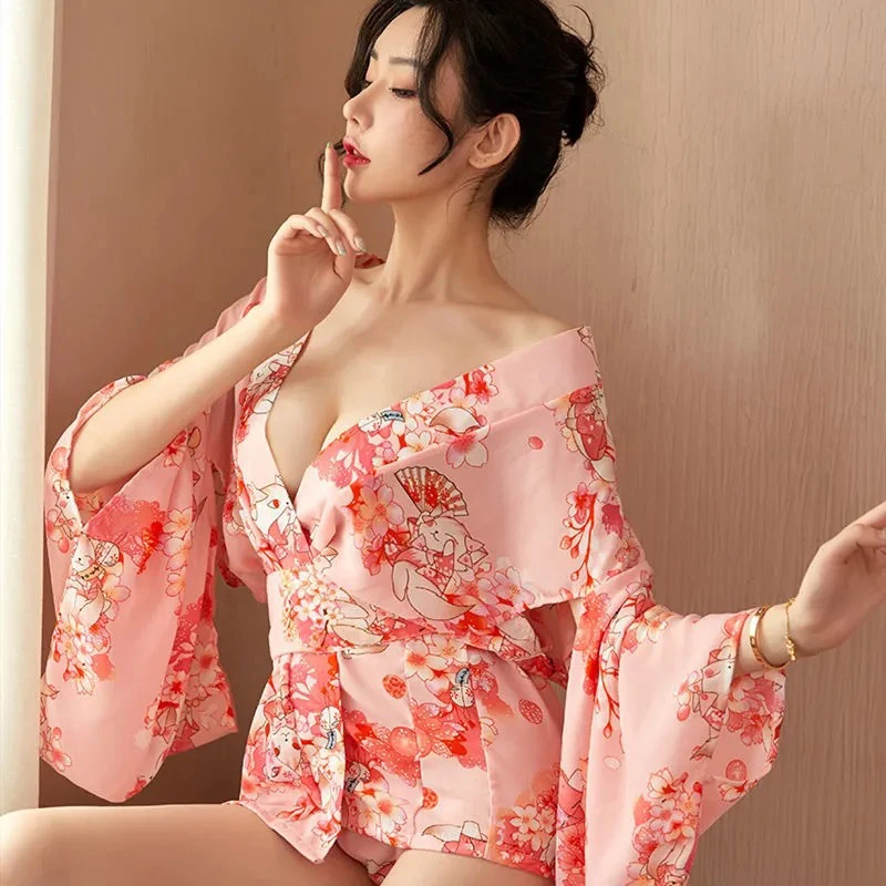 

Erotic Women's Kimono Uniform Sexy Lingerie Japanese Printed Strap Waist Cover Fun Kimono Pajama Set Hollow Uniform Temptation