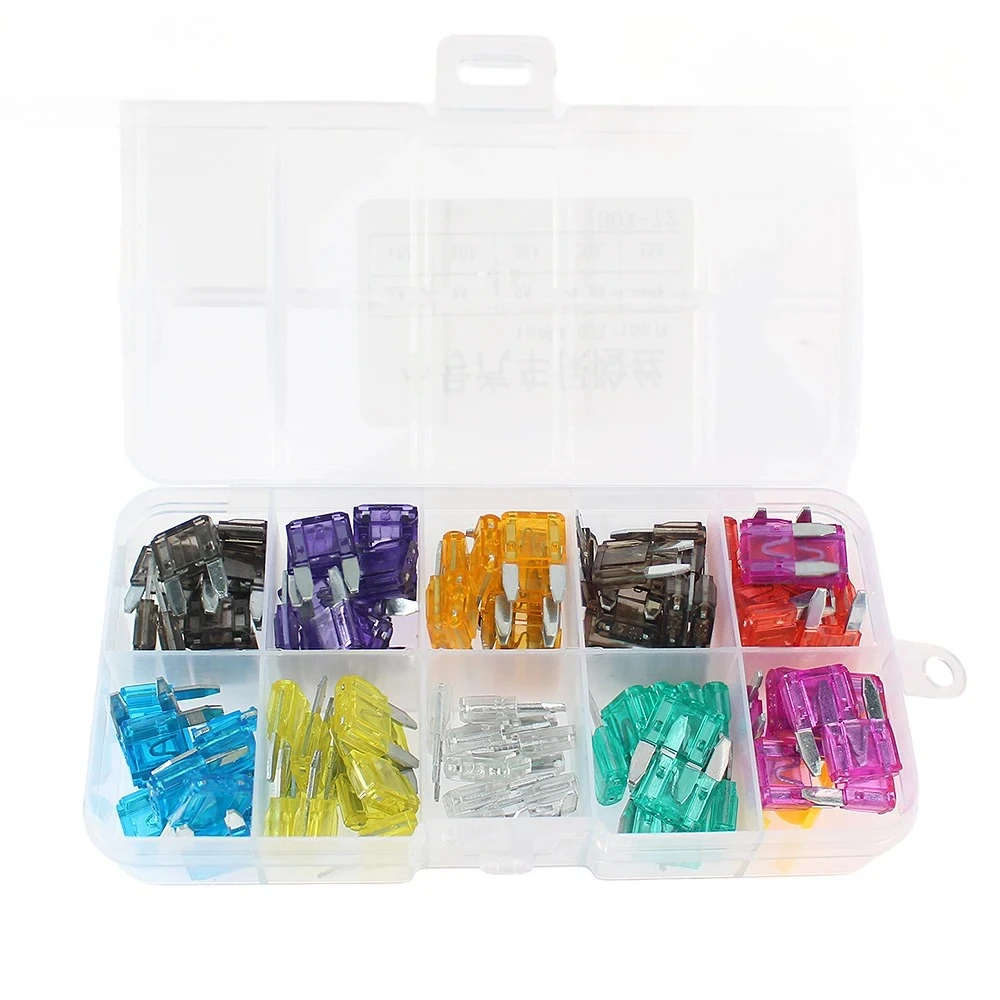 10/100PCS Small Size Car Fuse Assortment Set Profile 5A 7.5A 10A 15A 20A 25A 30A 35A 40A Profile Blade Type Fuses with Clip