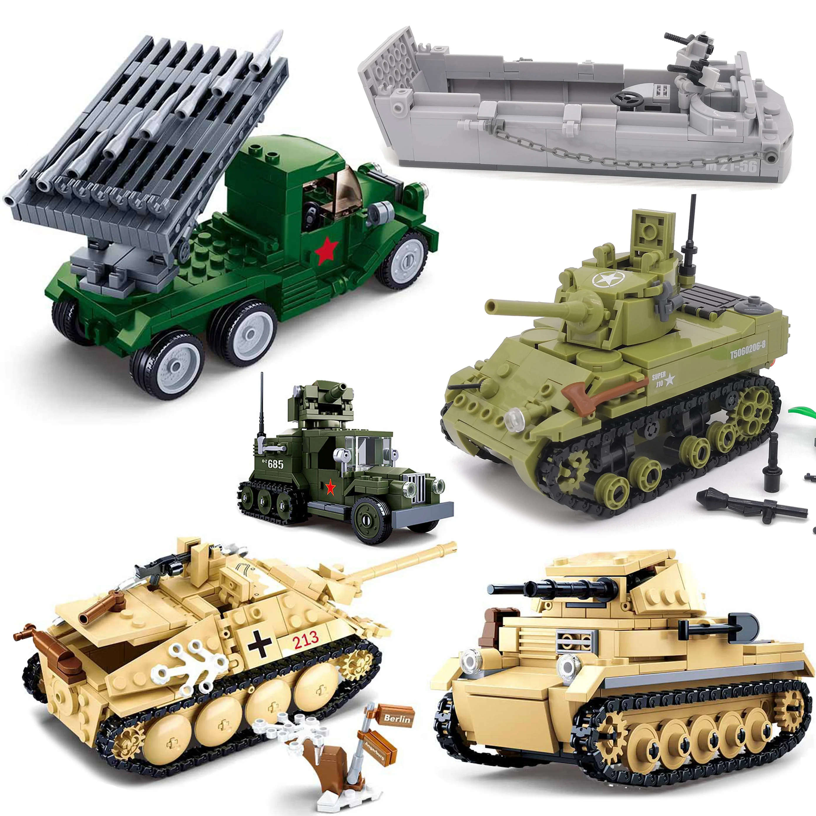 

WW2 Katyusha Rocket M5 Stuart Tank Landing Craft US Army Military Vehicles Soldier Model Building Block Brick Children Gift Toys