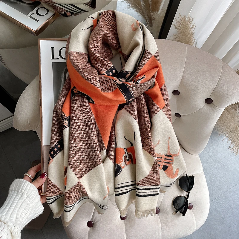 

Luxury Women Scarf Design Horse Winter Cashmere Pashmina Warm Thick Bufanda Hijab Shawl Wrap Blanket Female Scarves Stoles