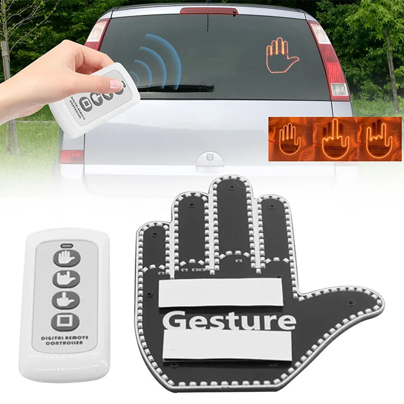 

Funny Car Finger Light With Remote Road Rage Signs Middle Gesture Hand Lamp Sticker Glow Panel For Universal Racing Window
