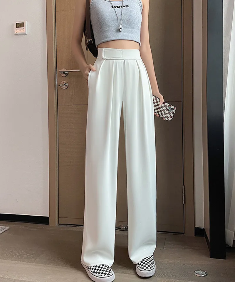 

Fashion White Wide Leg Women Classic Suit Pants Vintage Palazzo Office Elegant Casual Black Trousers Female High Wasit Pants