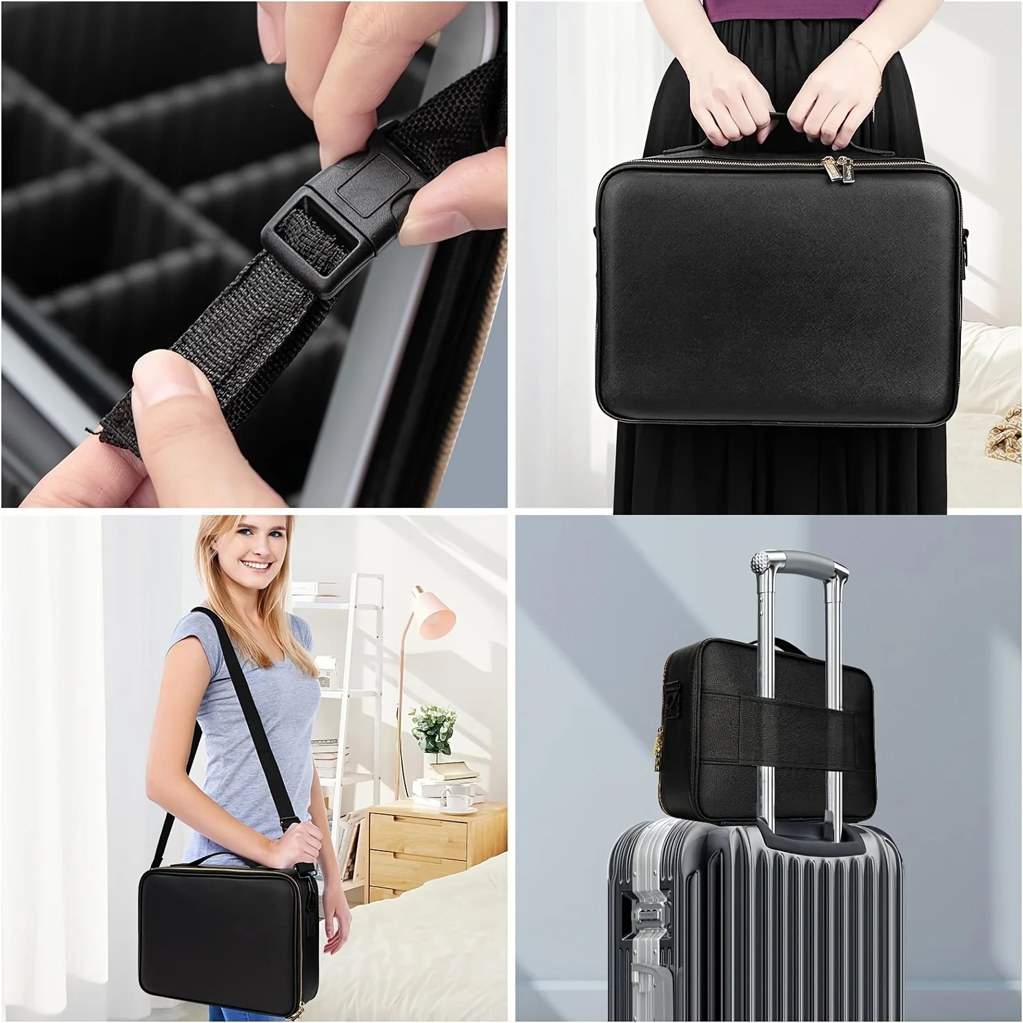 Large size travel makeup bag with mirror, zoned makeup bag with LED-lit makeup mirror, 3 light color modes, adjustable, 5