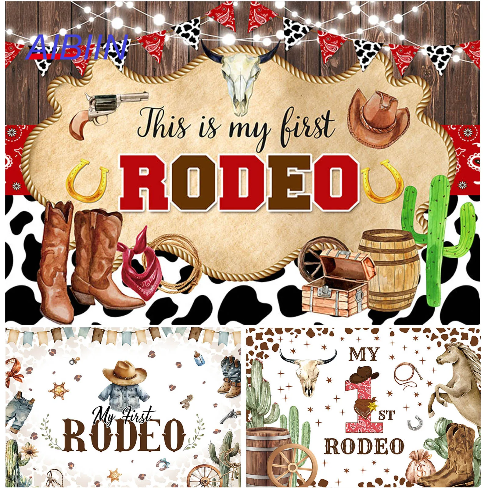 Fondale Fotografico In Vinile 3x2,5m Tema Cowboy 'Il Mio Primo Rodeo' Con Stelle Oro E Cactus, Per Compleanno 1 Anno