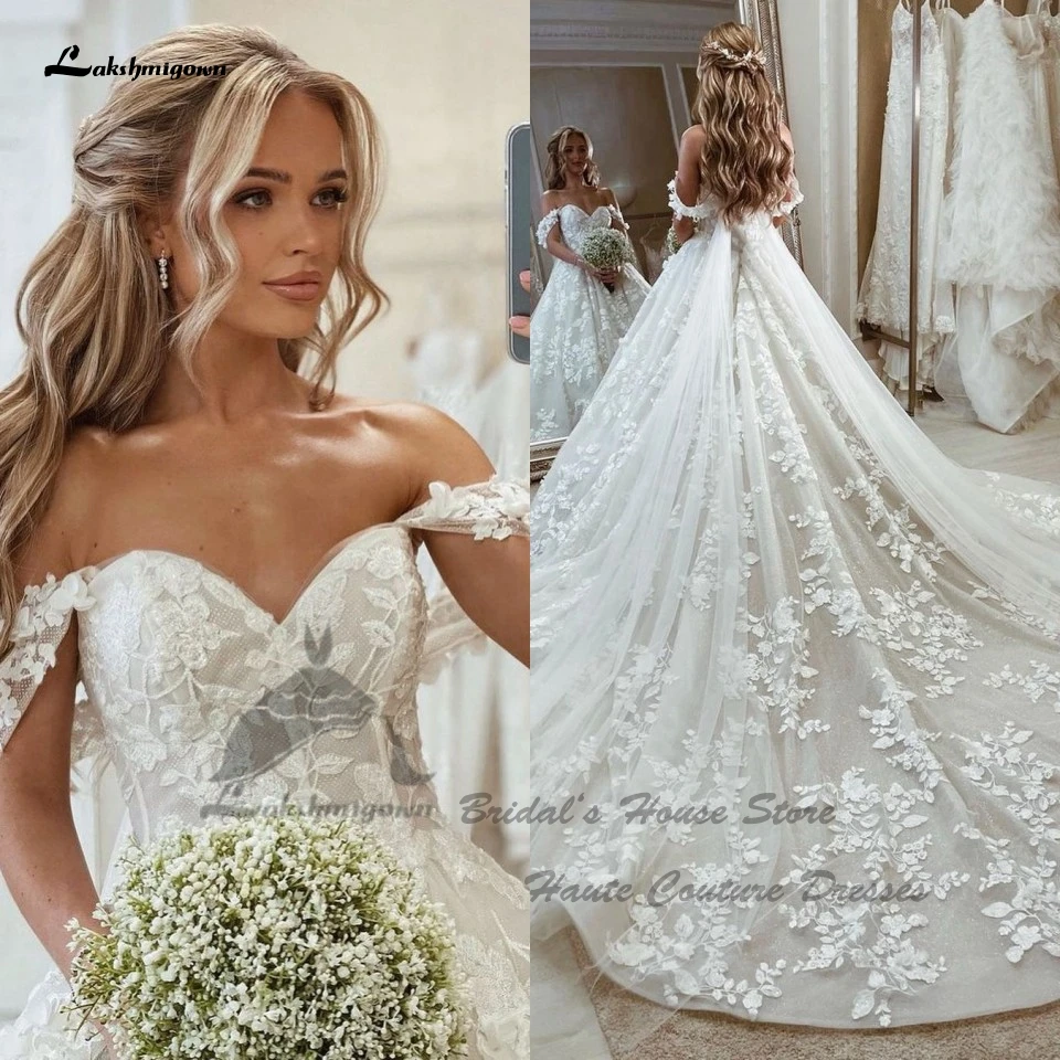 

Lakshmigown Luxury Glitter Tulle Wedding Gowns For Women 2023 Princess Lace Bridal Church Wedding Gowns Long Train Off Shoulder
