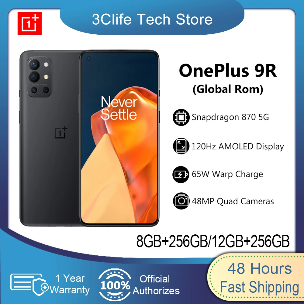 Global Rom OnePlus 9R 5G Mobile Phone 6.55 inch 120Hz AMOLED Snapdragon 870 Octa Core 65W Flash Charge 48MP Quad Cameras 4500mAh best oneplus nord
