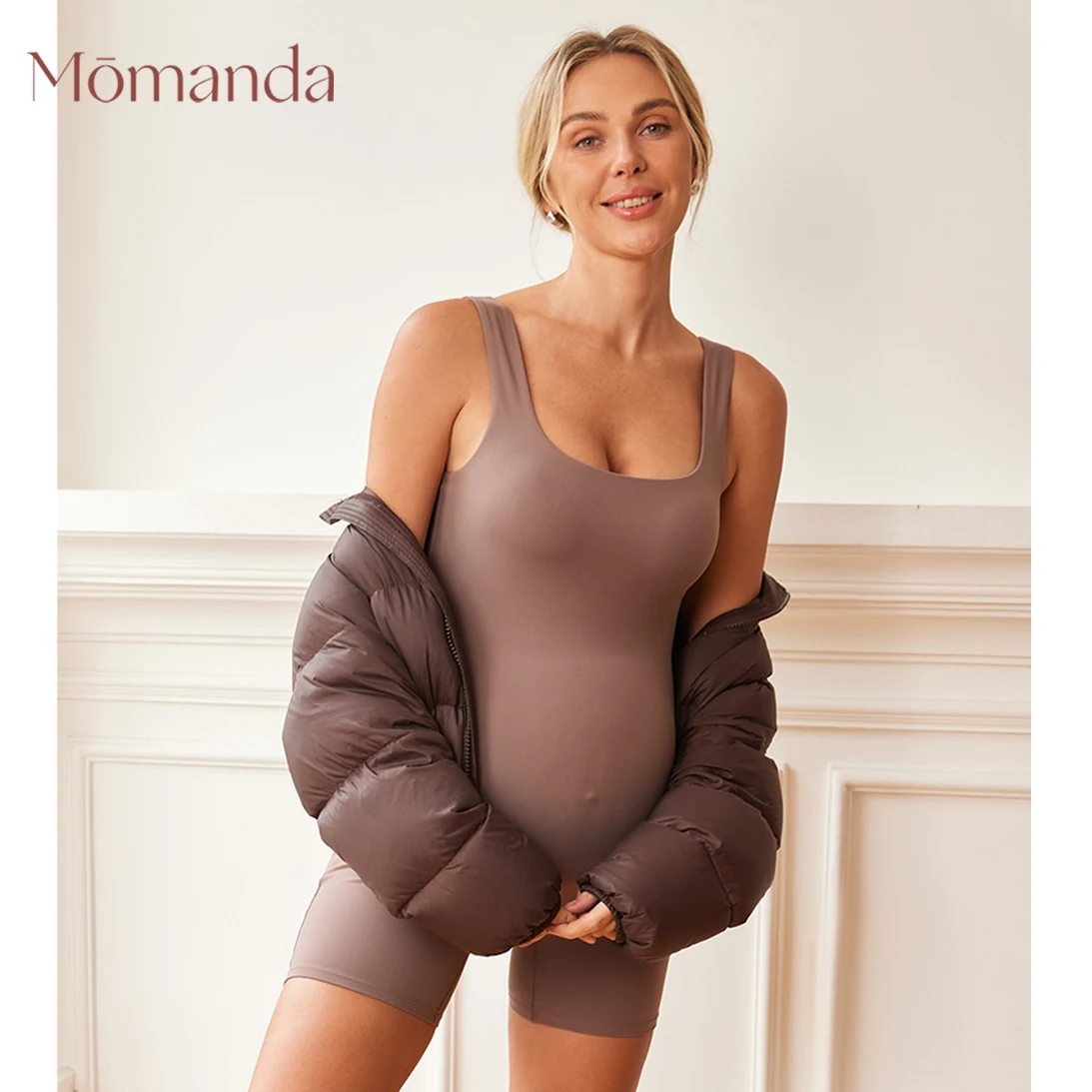 Momanda Women Maternity Bodysuit Sleeveless Shorts Stretchy Jumpsuit Square Neck Tank Top for Pregnancy maternity tank tops maternity tank top