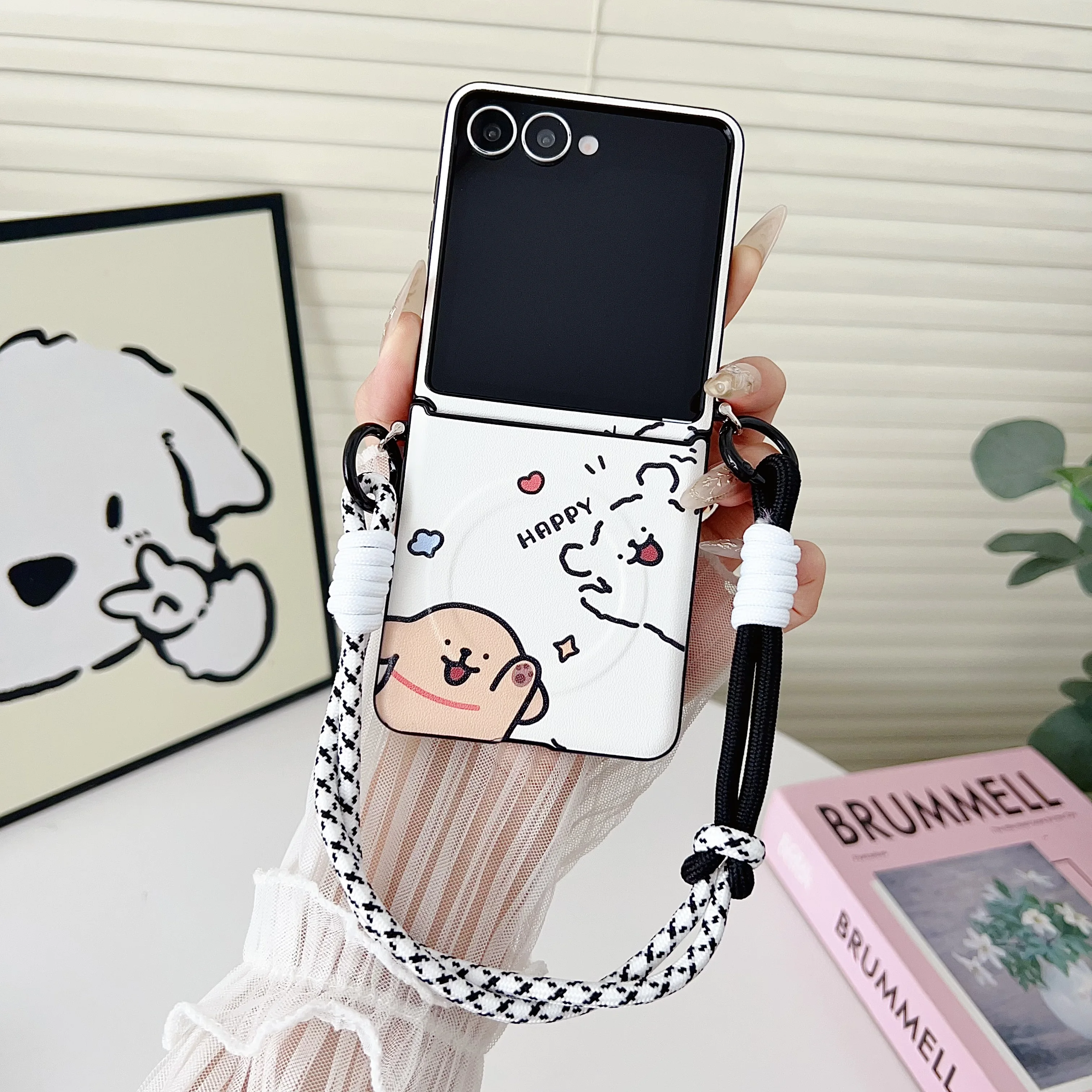 Magnetic Bracket Leather Cartoon Phone Case with Protective Lanyard Cover